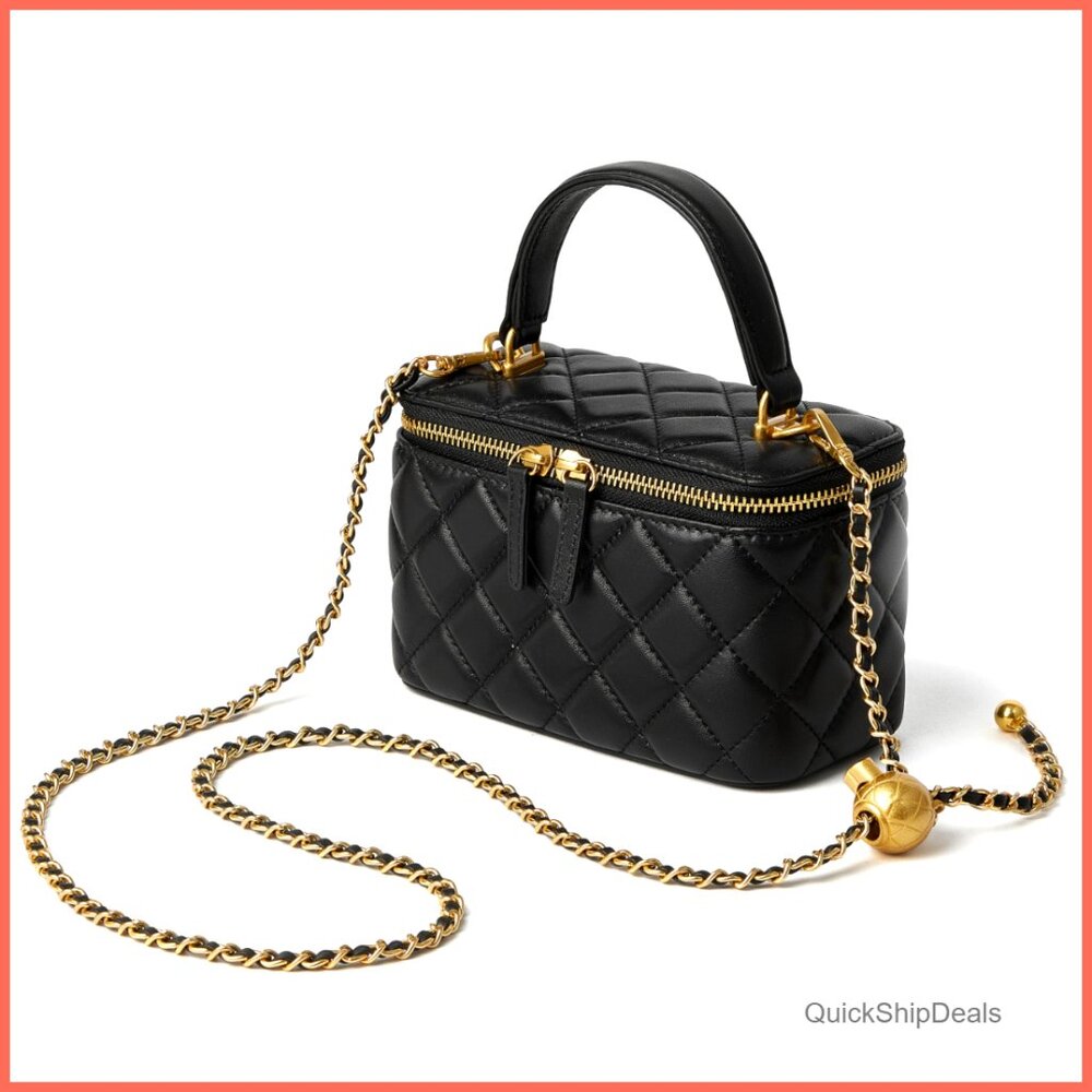 Genuine Leather Quilted Crossbody Bag Mini Top Handle Pouch